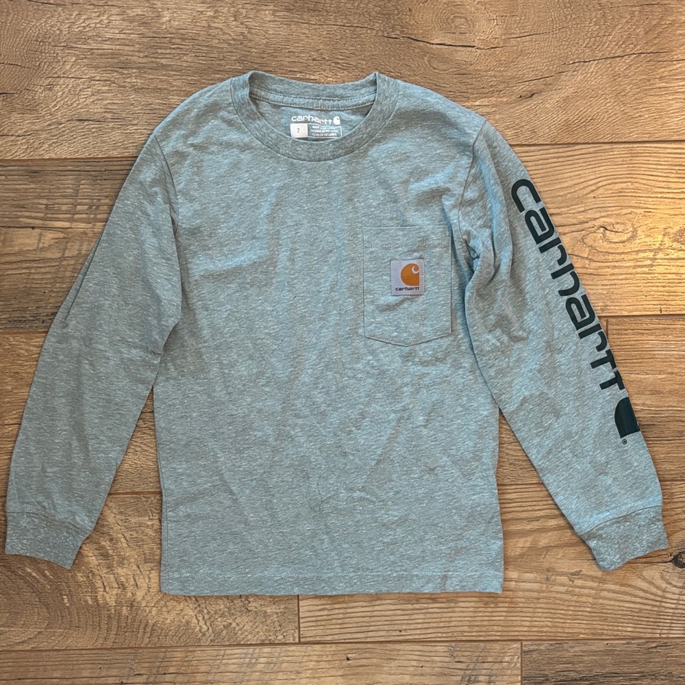 Carhartt Boys Size 7 Long Sleeve Pocket T-Shirt Heather Blueish Green
